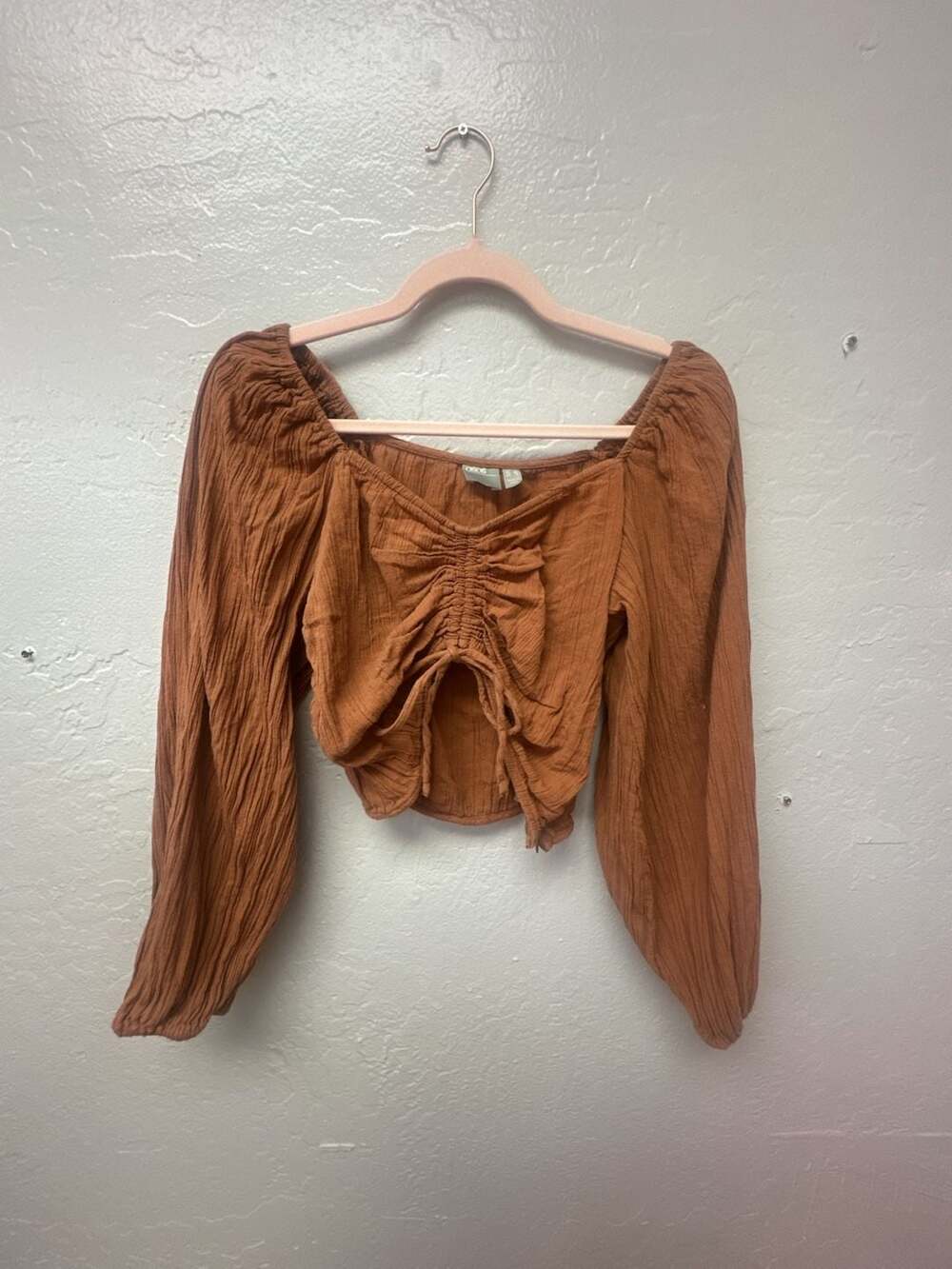 ASOS Design Ruched Front Long Sleeve Gauze Crop Top in Rust